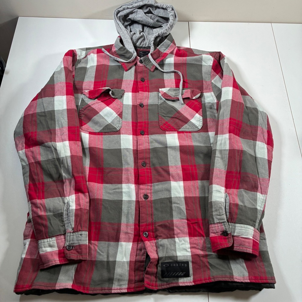 Vintage‎ Oakley Flannel Shirt Jacket XL Red Plaid Hood Quilted Lined Shacket Y2K - Picture 2 of 11
